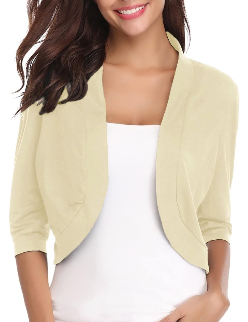 iClosam Women 3/4 Sleeve Cropped Cardigans Open Front Bolero Shrug Knit Sweater Jacket (Small, Beige) - Image 1